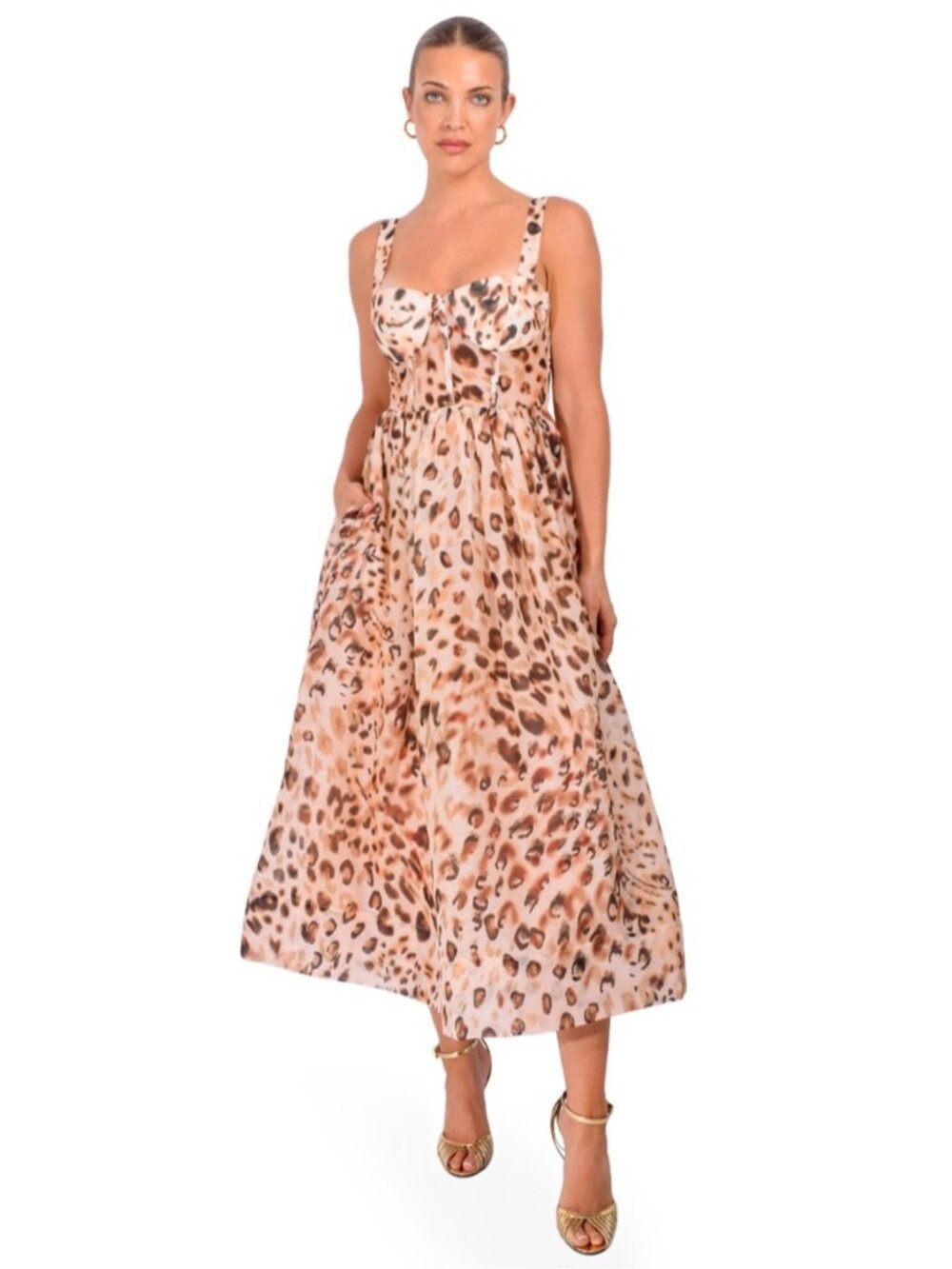 NEW CARA CARA Pheobe Midi Dress Bustier Cheetah Blush Brown Tan Cream US 6 UK 10 - Picture 5 of 16